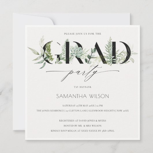 Leafy Fern Succulent Fauna Photo Afstuderen Invite Bedankkaart (Voorkant)