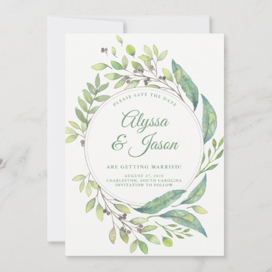 Leafy Green | De datum opslaan met foto's en namen Save The Date (Voorkant)
