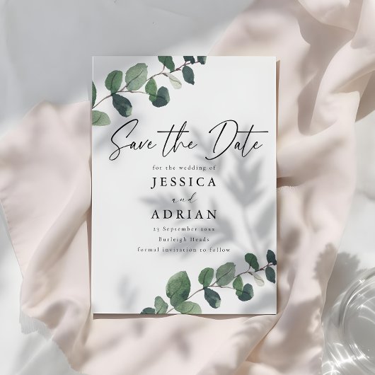 Leafy Green Elegance bruiloft Save The Date