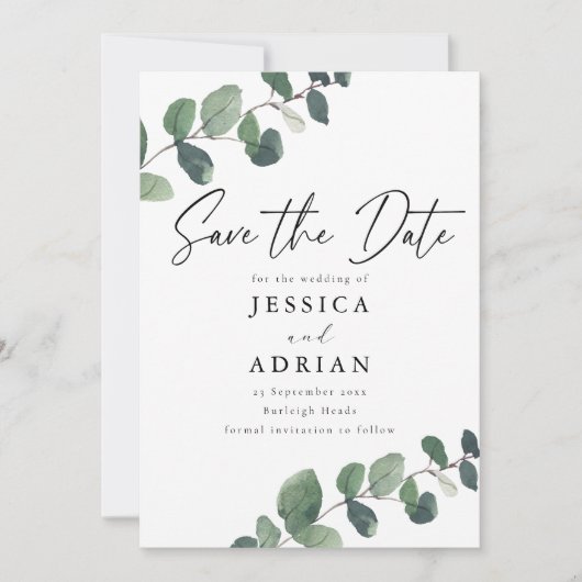 Leafy Green Elegance bruiloft Save The Date (Voorkant)
