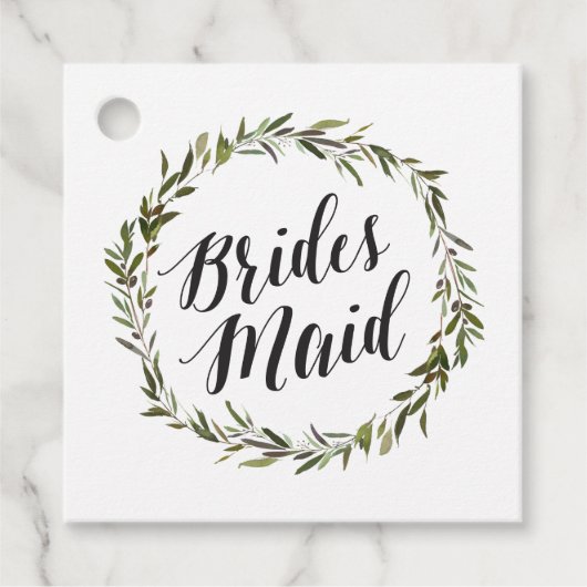 Leafy Green Waterverf Wreath | Bridesmaid Script Bedankjes Labels (Voorkant)