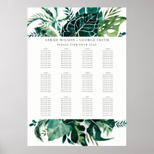 Leafy Monstera Green Fauna Wedding Seating Chart Poster