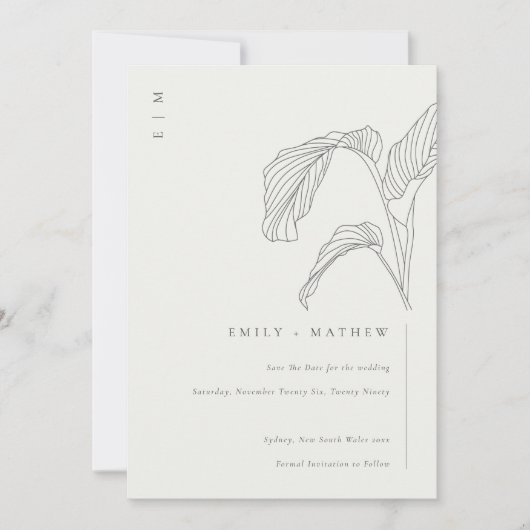 Leafy Palm Sketch Black White Save the Date Kaart (Voorkant)