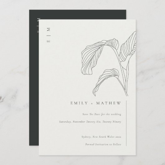Leafy Palm Sketch Black White Save the Date Kaart (Voorkant / Achterkant)
