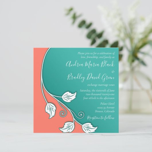 Leafy Vine Turquoise, Coral White Wedding Kaart (Staand voorkant)