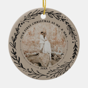 Leafy Wreath Mr. & Mrs First Married Kerstmis Keramisch Ornament
