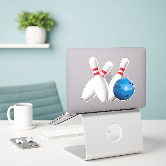 League Bowling Ball & Pins, vinylSticker Sticker (Laptop op bureau)
