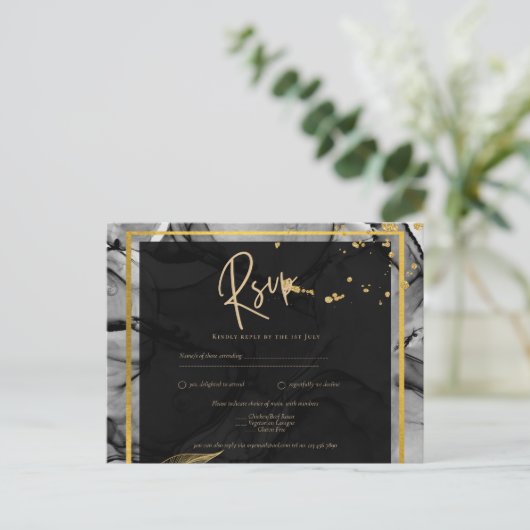 LeahG® Black Gold Alcohol Ink Trouw UITNODIGING (Staand voorkant)