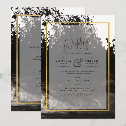 LeahG Black Gold INK Abstract Wedding Invite Kaart (Voorkant / Achterkant)