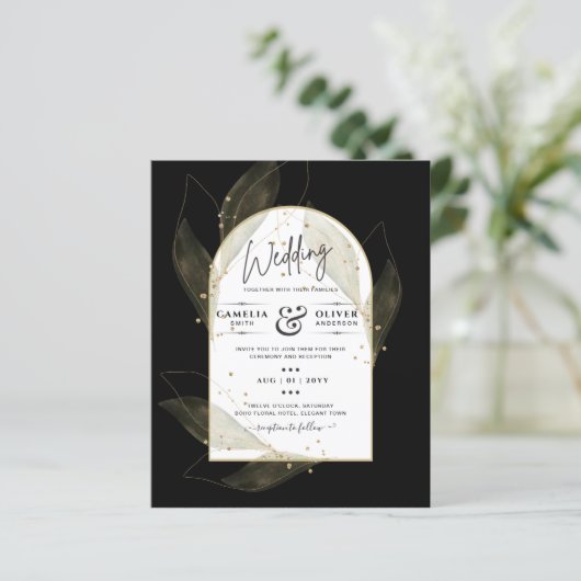LeahG Black Gold Leaves Modern Wedding INVITE (Staand voorkant)