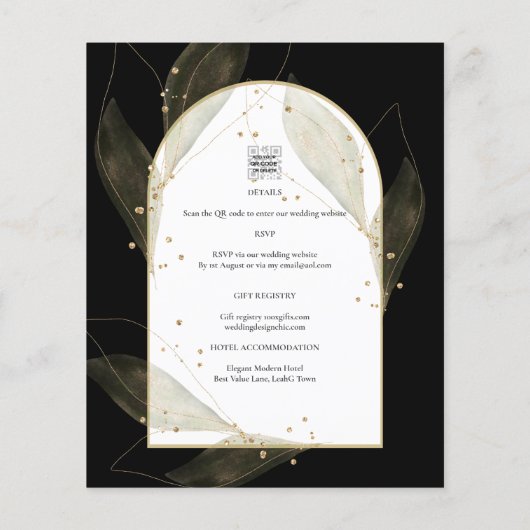 LeahG Black Gold Leaves Modern Wedding INVITE (Achterkant)