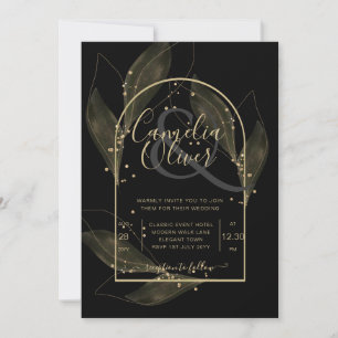 LeahG Black Gold Leaves Modern Wedding INVITE Kaart