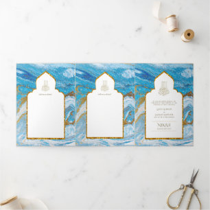 LeahG Blauwe Islamitische Moslim Bruiloft Nodigt N Drieluik Uitnodiging