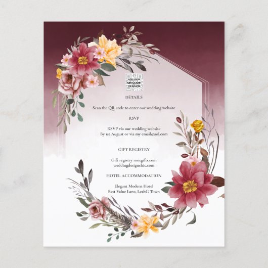 LeahG bordeauxrood gele bloemige trouw uitnodiging Flyer (Achterkant)