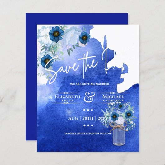 LeahG BUDGET Save The Date Blauwe Bloemen (Voorkant / Achterkant)