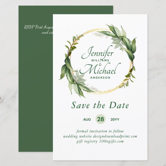 LeahG BUDGET Save The Date Groene krans Modern (Voorkant / Achterkant)