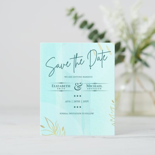 LeahG BUDGET Save The Date Teal Goud Abstract (Staand voorkant)
