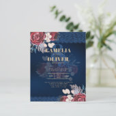LeahG Burgundy Blue Rozen Lace Fall Wedding Invite (Staand voorkant)