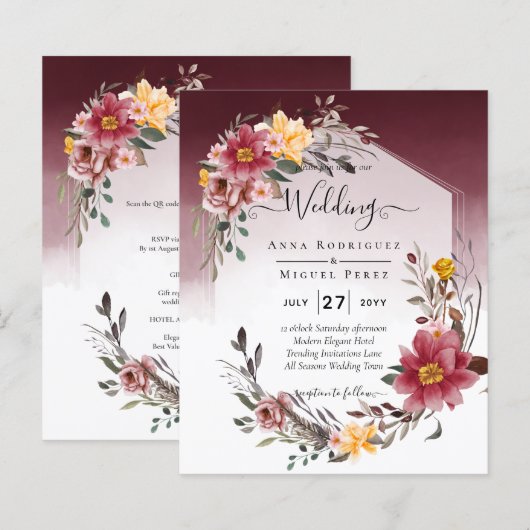 LeahG Burgundy Yellow Floral Wedding Invite (Voorkant / Achterkant)