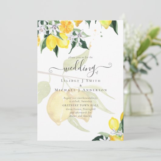 LeahG Citrus Gele Citroenen Trouw Uitnodigingen (Staand voorkant)