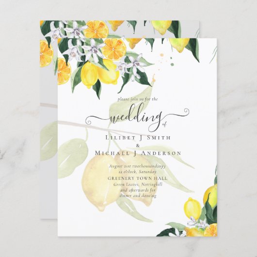 LeahG Citrus Yellow Lemons Wedding Invites (Voorkant / Achterkant)