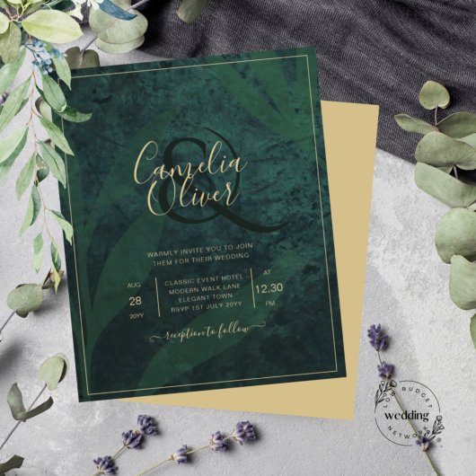 LeahG Emerald Forest Green Gold Wedding Invite