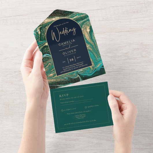LeahG Emerald Green Gold Agate Mariage Invitation (Déchirure)