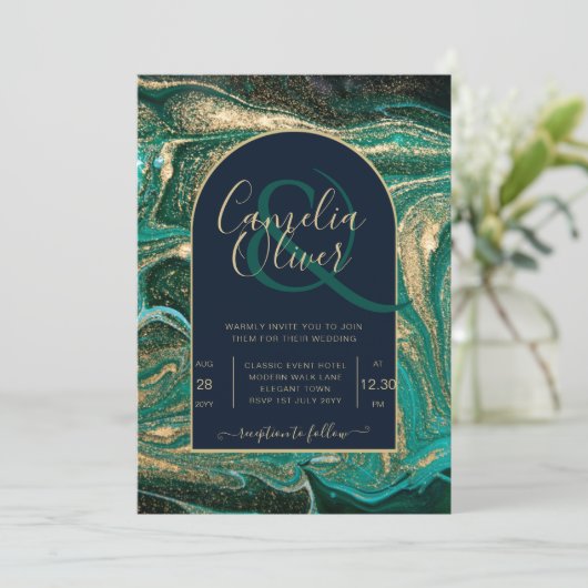 LeahG Emerald Green Gold Agate Mariage Invitation (Debout devant)