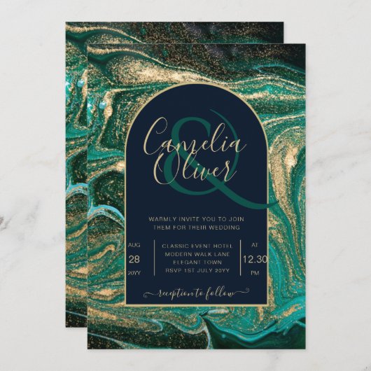 LeahG Emerald Green Gold Agate Mariage Invitation (Devant / Derrière)