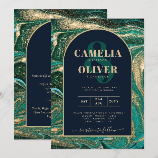 LeahG Emerald Green Gold Agate Mariage Invitation (Devant / Derrière)
