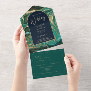 LeahG Emerald Green Gold Agate Wedding Invite All In One Uitnodiging