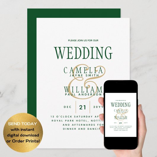 LeahG Emerald Green Gold Modern Wedding Invitation