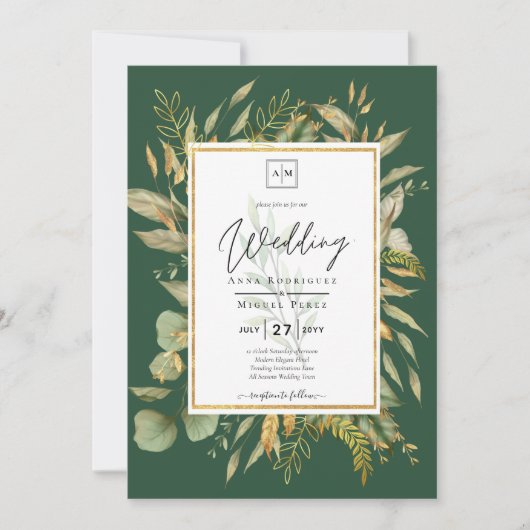 LeahG Emerald Green Greenery Mariage Invitation (Devant)