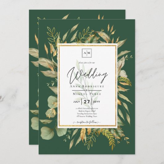 LeahG Emerald Green Greenery Mariage Invitation (Devant / Derrière)
