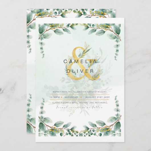 LeahG Eucalyptus Greenery Gold Wedding Invitation (Devant / Derrière)