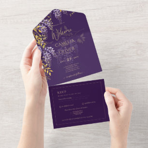 LeahG Faire-part de mariage floral WISTERIA or pou