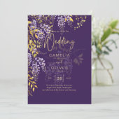 LeahG Faire-Part de Mariage Floral WISTERIA Or Vio (Debout devant)