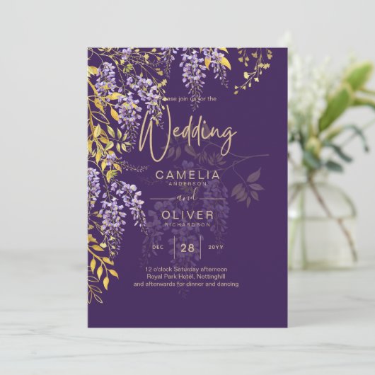 LeahG Faire-Part de Mariage Floral WISTERIA Or Vio (Debout devant)