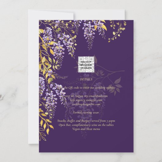 LeahG Faire-Part de Mariage Floral WISTERIA Or Vio (Dos)