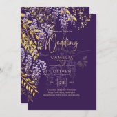 LeahG Faire-Part de Mariage Floral WISTERIA Or Vio (Devant / Derrière)