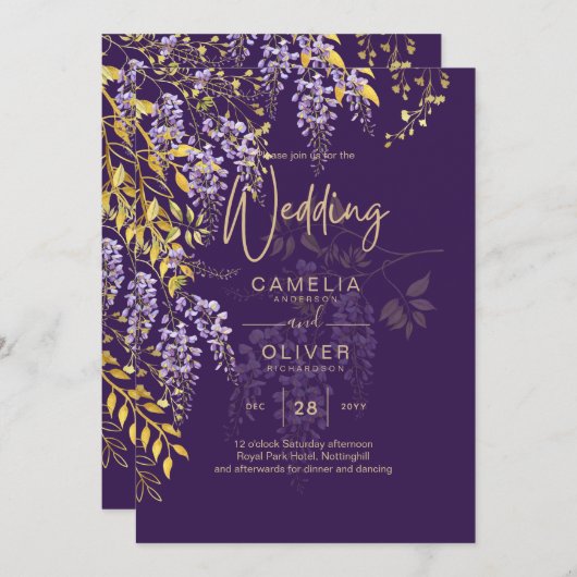 LeahG Faire-Part de Mariage Floral WISTERIA Or Vio (Devant / Derrière)