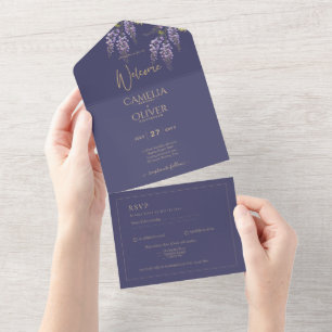 LeahG Faire-part de mariage floral WISTERIA or vio