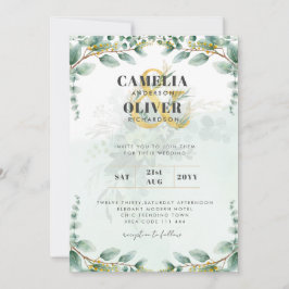 LeahG Greenery Eucalyptus Gold Wedding Invite QR C Kaart