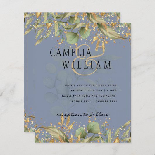 LeahG Greenery Feuilles Blue Gold Wedding Invitati (Devant / Derrière)