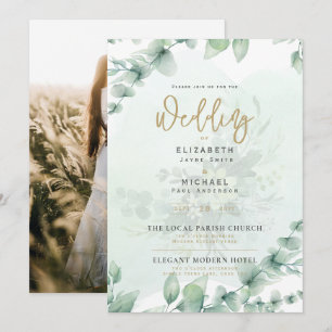 LeahG Greenery Gold PHOTO Mariage Invitation