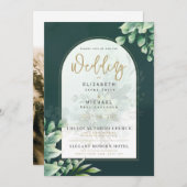 LeahG Greenery Gold PHOTO Mariage Invitation (Devant / Derrière)