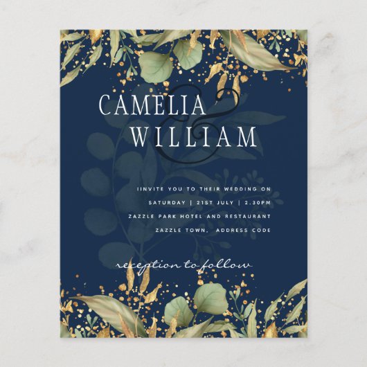 LeahG Greenery Leaves Blue Gold Wedding Invite Flyer (Voorkant)