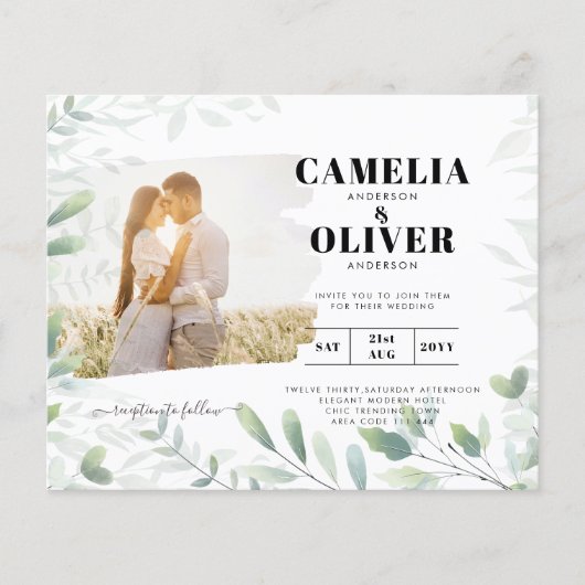 LeahG Greenery Leaves PHOTO OVERLAY Wedding Invive (Voorkant)