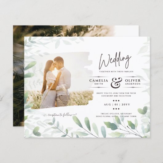 LeahG Greenery Leaves PHOTO OVERLAY Wedding Invive (Voorkant / Achterkant)