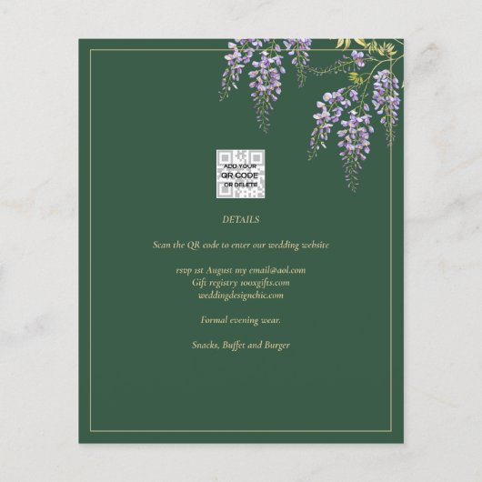 LeahG Groen Paars Goud WISTERIA Trouw UITNODIGING Flyer (Achterkant)